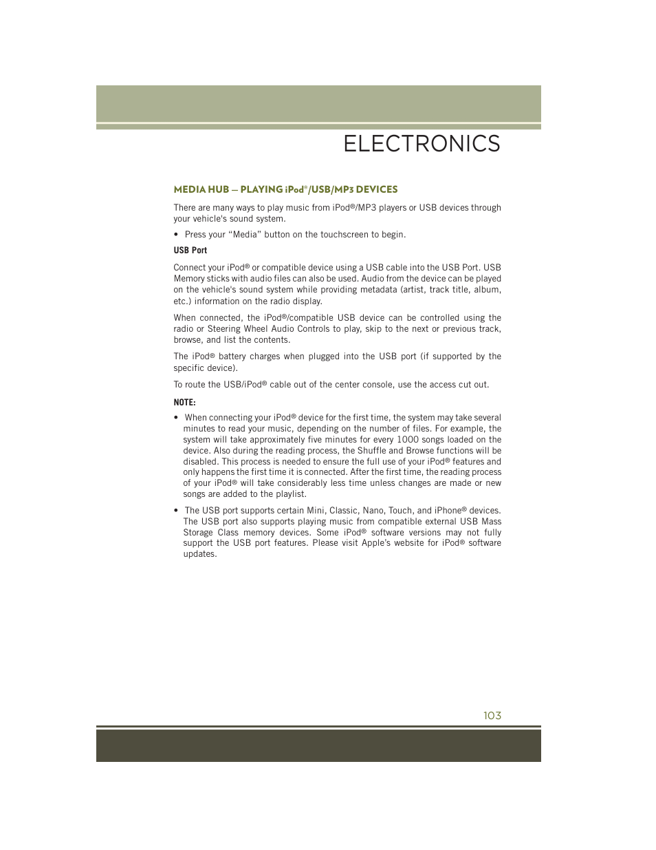 Media hub — playing ipod®/usb/mp3 devices, Electronics | Jeep 2015 Cherokee - User Guide User Manual | Page 105 / 244