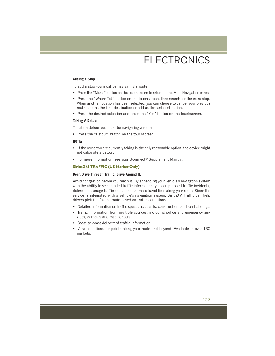 Siriusxm traffic (us market only), Electronics | Jeep 2015 Cherokee - User Guide User Manual | Page 139 / 244