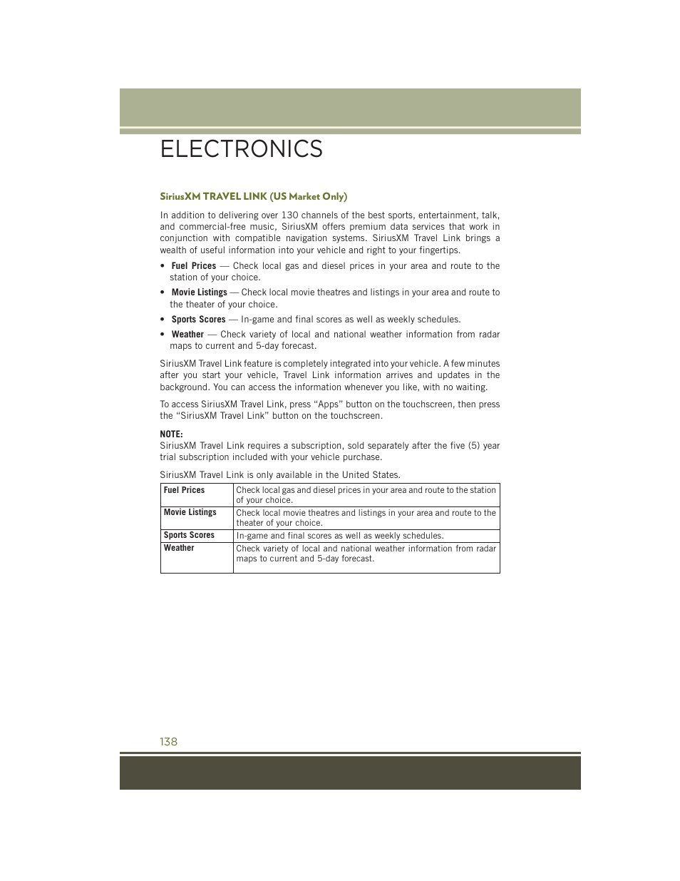 Siriusxm travel link (us market only), Electronics | Jeep 2015 Cherokee - User Guide User Manual | Page 140 / 244