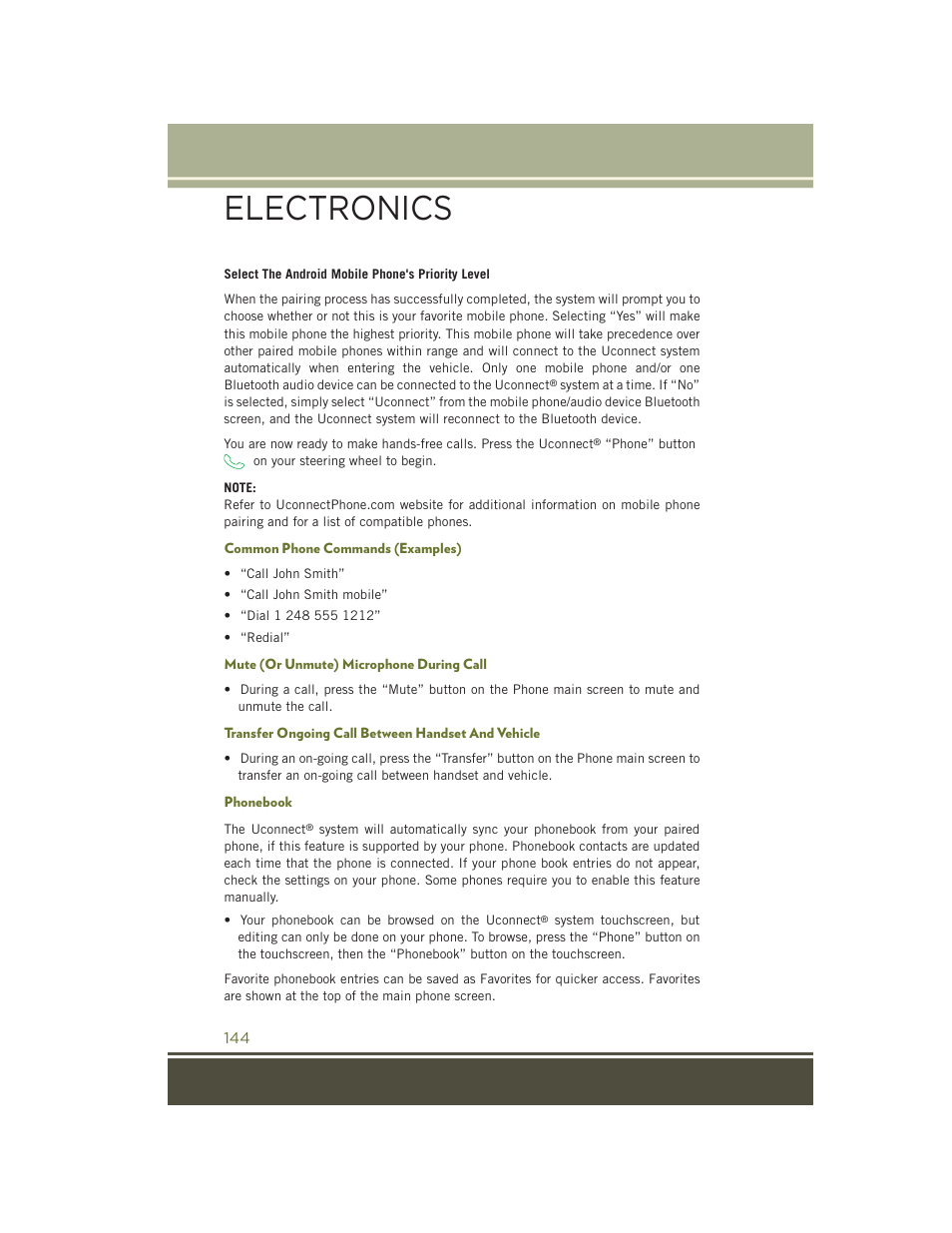 Common phone commands (examples), Mute (or unmute) microphone during call, Transfer ongoing call between handset and vehicle | Phonebook, Electronics | Jeep 2015 Cherokee - User Guide User Manual | Page 146 / 244