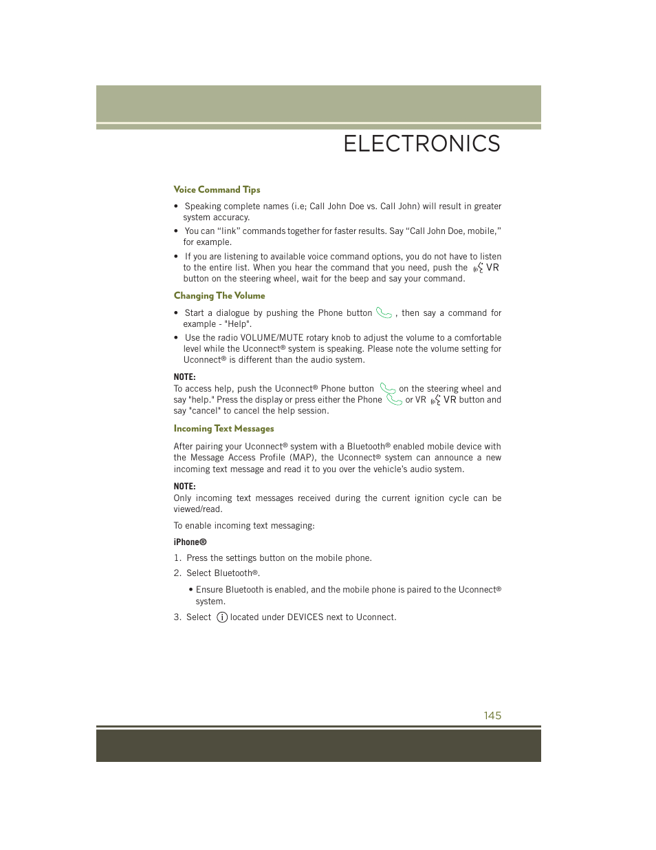 Voice command tips, Changing the volume, Incoming text messages | Electronics | Jeep 2015 Cherokee - User Guide User Manual | Page 147 / 244