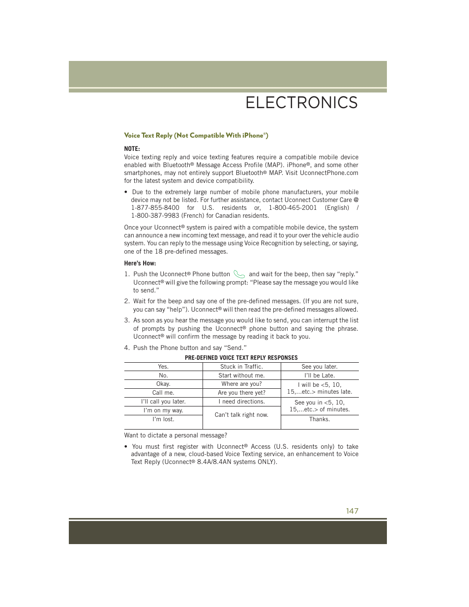 Voice text reply (not compatible with iphone®), Electronics | Jeep 2015 Cherokee - User Guide User Manual | Page 149 / 244