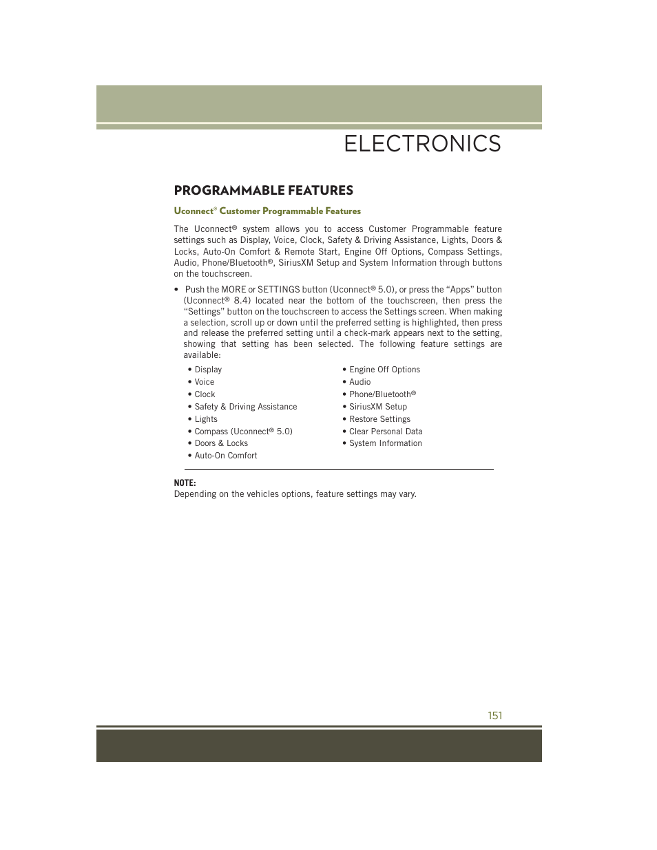 Programmable features, Uconnect® customer programmable features, Electronics | Jeep 2015 Cherokee - User Guide User Manual | Page 153 / 244