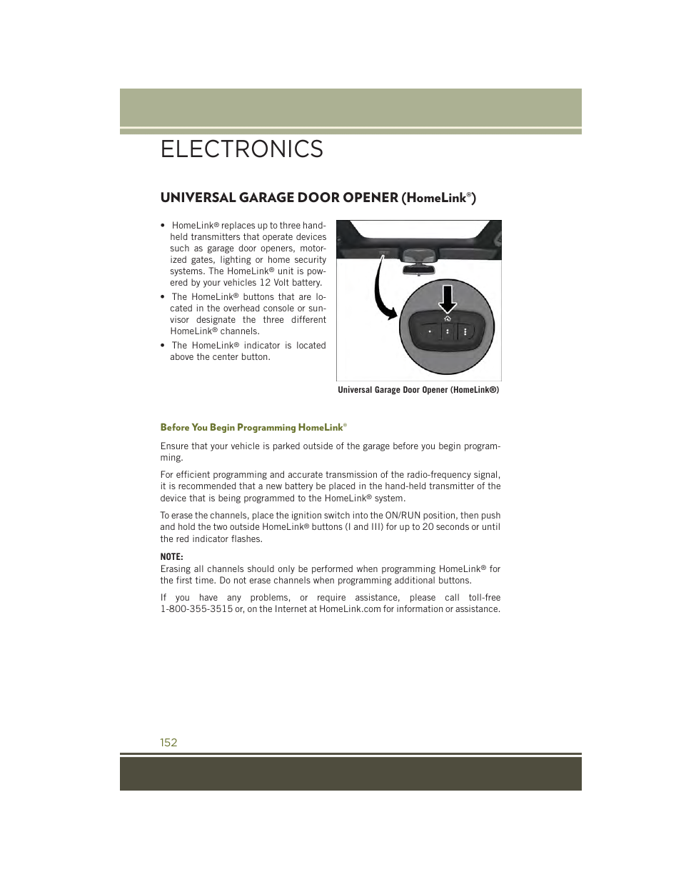 Universal garage door opener (homelink®), Before you begin programming homelink, Universal garage door opener | Homelink, Electronics | Jeep 2015 Cherokee - User Guide User Manual | Page 154 / 244