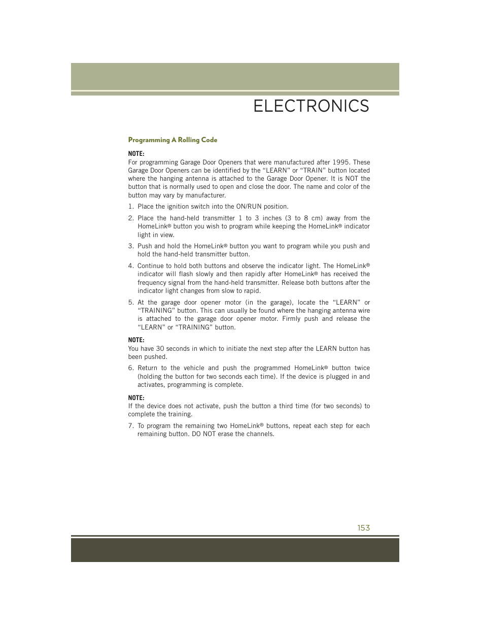 Programming a rolling code, Electronics | Jeep 2015 Cherokee - User Guide User Manual | Page 155 / 244