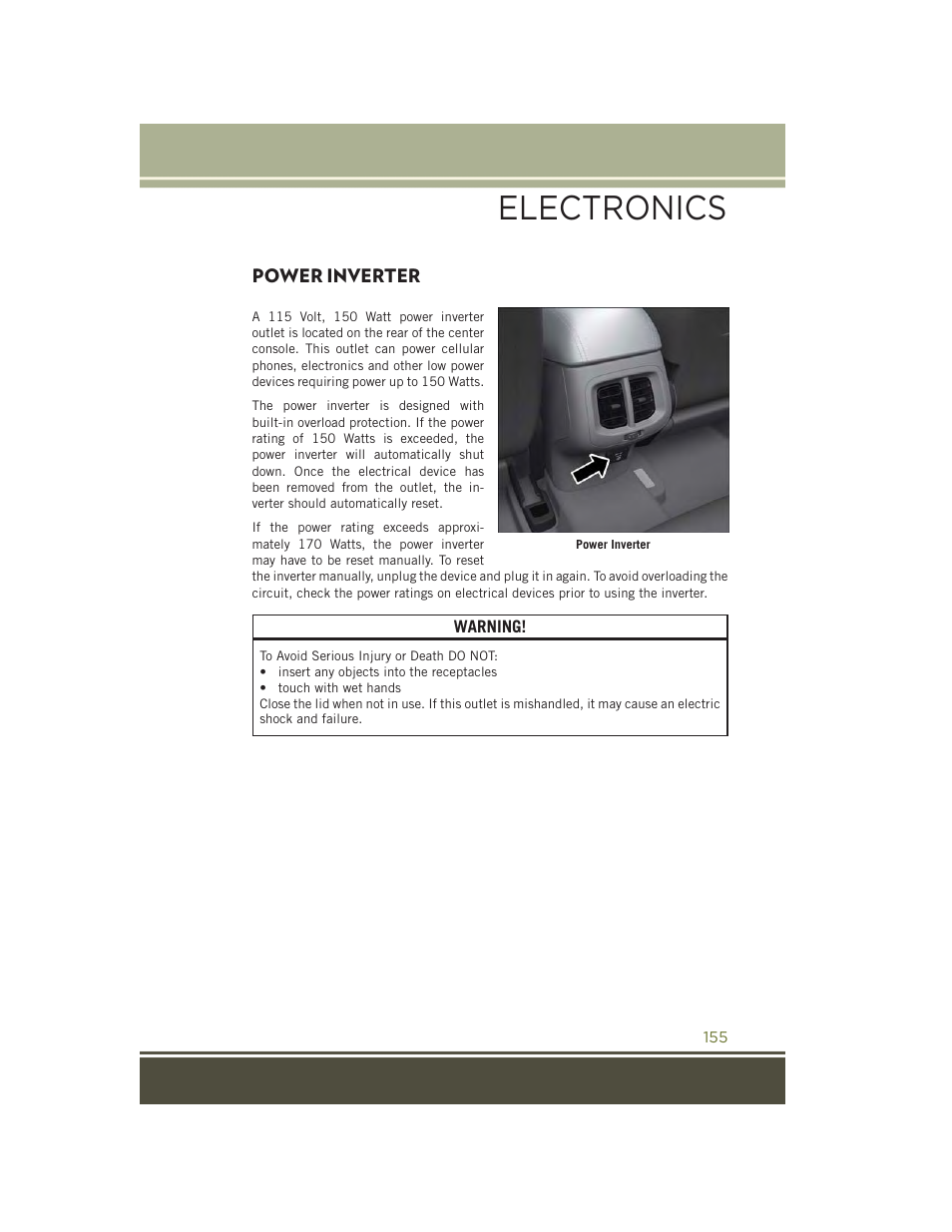 Power inverter, Electronics | Jeep 2015 Cherokee - User Guide User Manual | Page 157 / 244