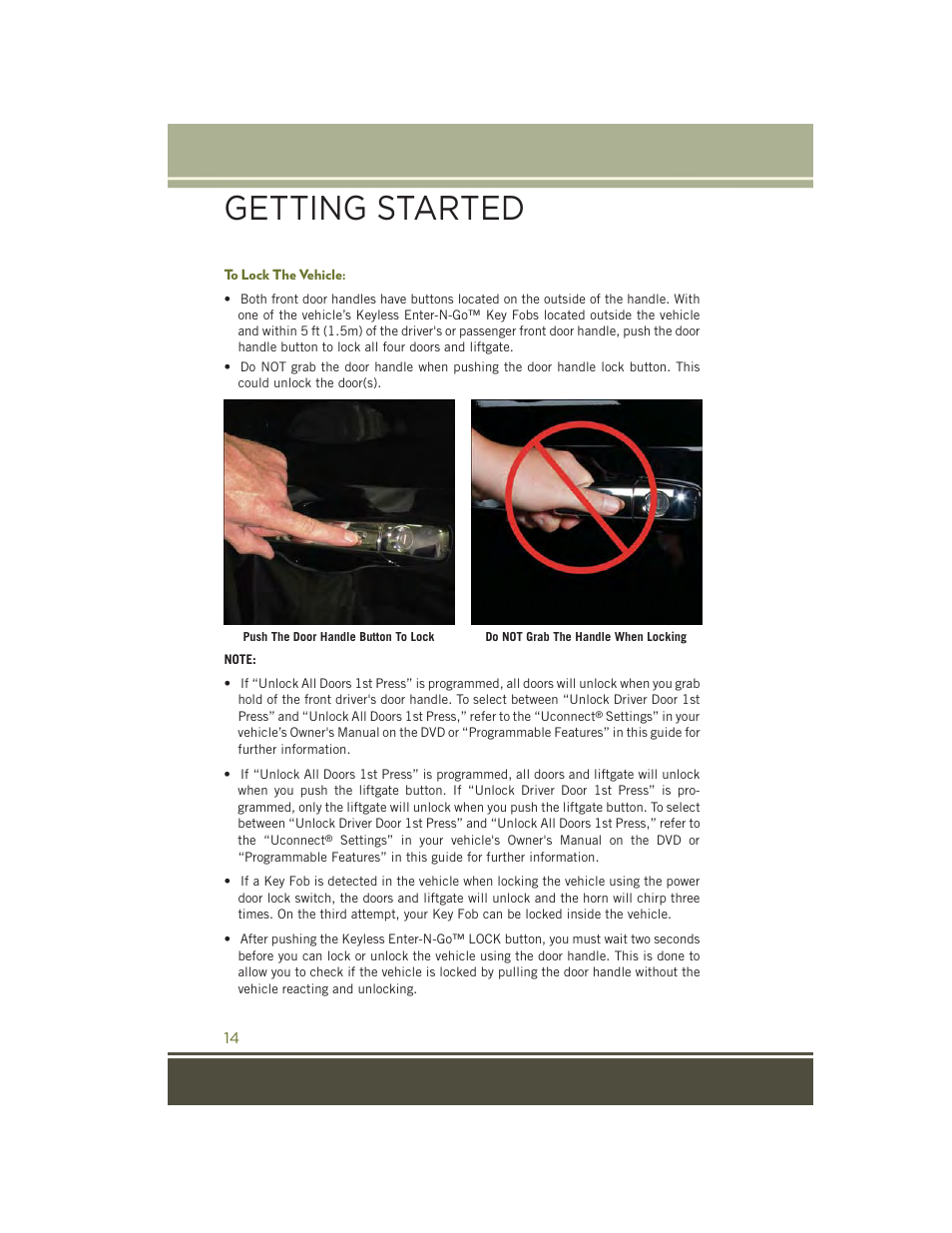 To lock the vehicle, Getting started | Jeep 2015 Cherokee - User Guide User Manual | Page 16 / 244