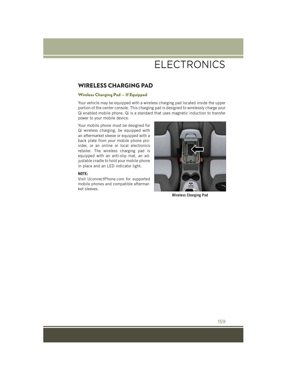 Wireless charging pad, Wireless charging pad — if equipped, Electronics | Jeep 2015 Cherokee - User Guide User Manual | Page 161 / 244