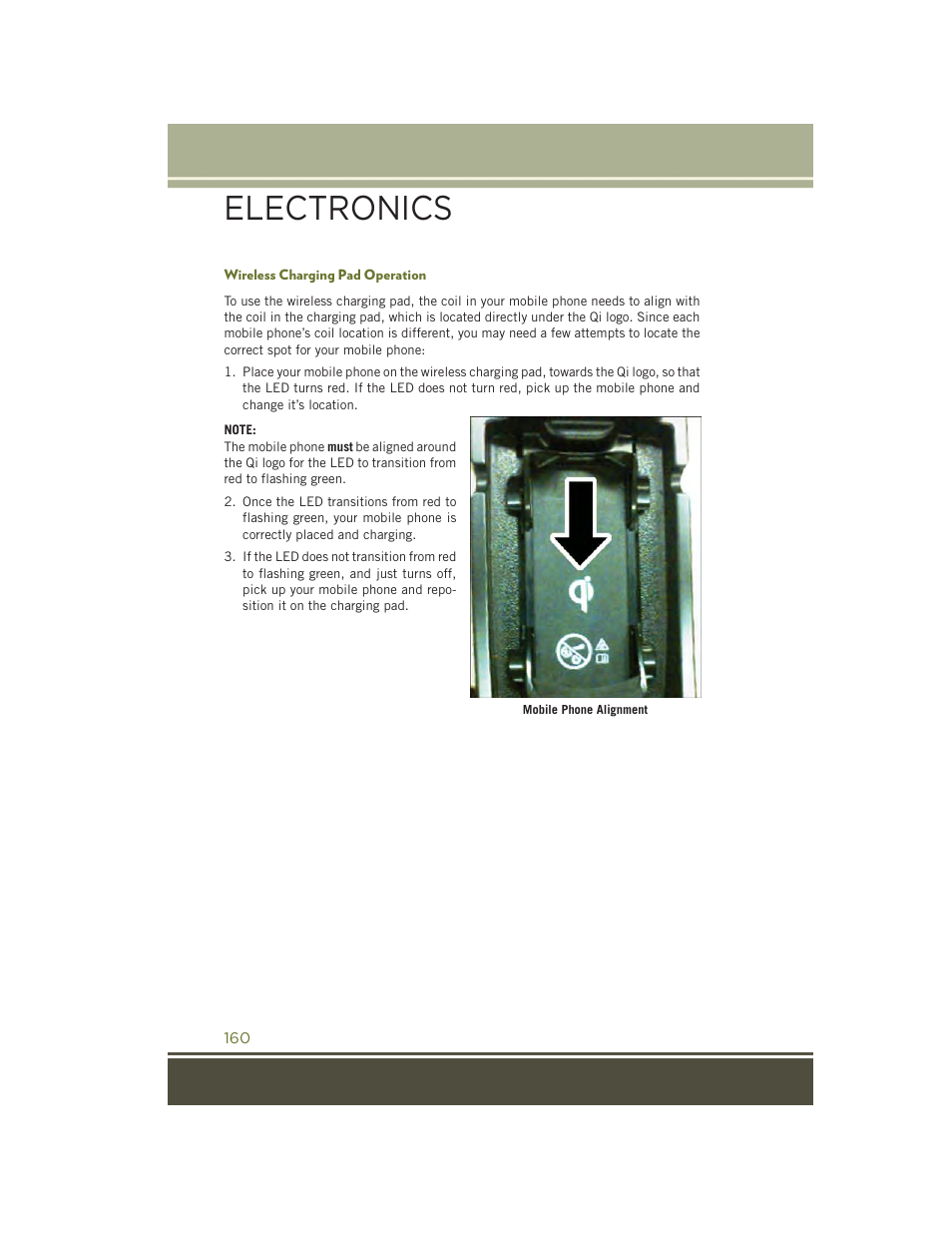 Wireless charging pad operation, Electronics | Jeep 2015 Cherokee - User Guide User Manual | Page 162 / 244