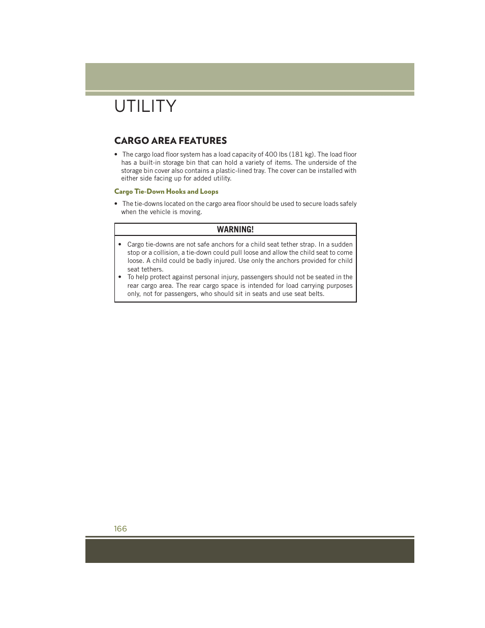 Utility, Cargo area features, Cargo tie-down hooks and loops | Jeep 2015 Cherokee - User Guide User Manual | Page 168 / 244