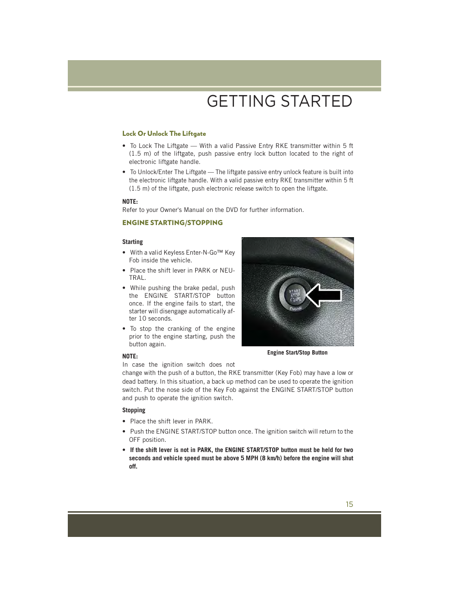 Lock or unlock the liftgate, Engine starting/stopping, Getting started | Jeep 2015 Cherokee - User Guide User Manual | Page 17 / 244