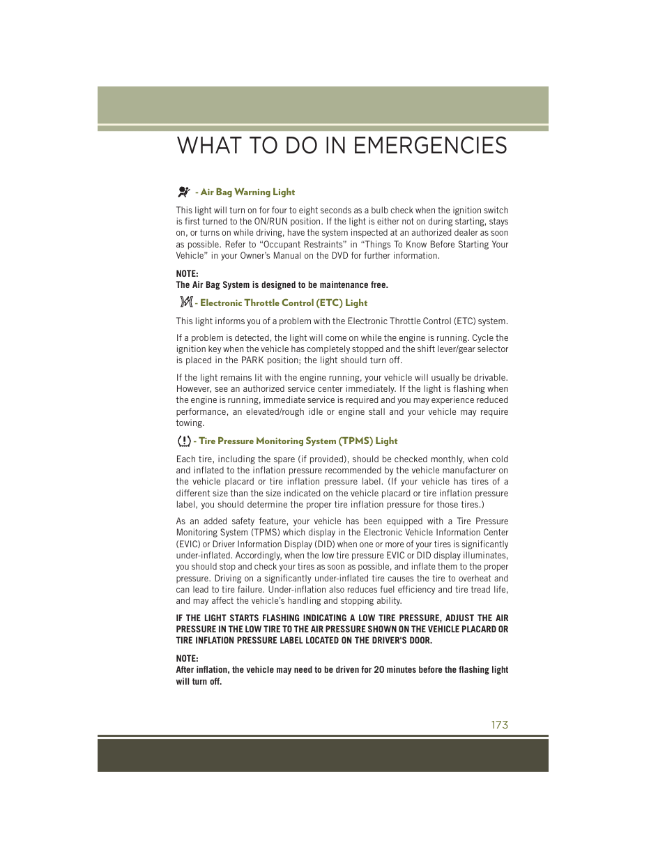 Air bag warning light, Electronic throttle control (etc) light, Tire pressure monitoring system (tpms) light | What to do in emergencies | Jeep 2015 Cherokee - User Guide User Manual | Page 175 / 244