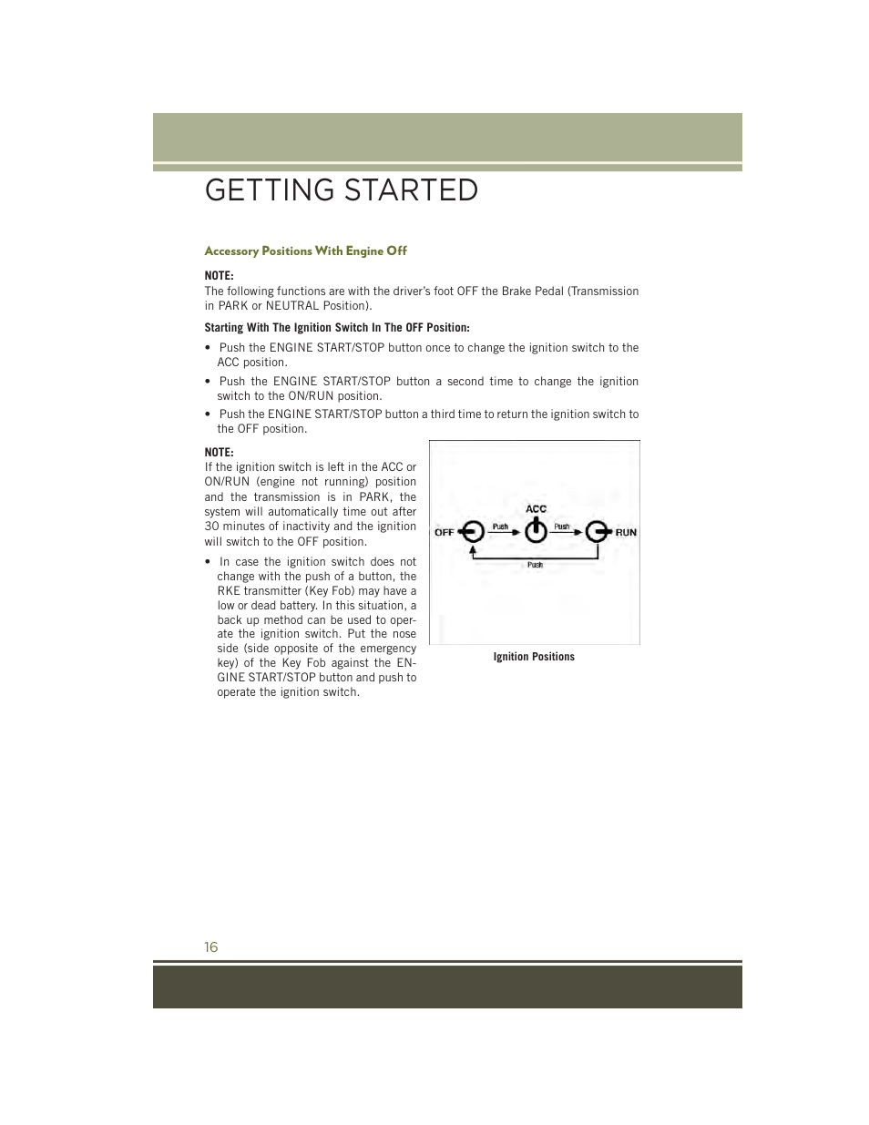 Accessory positions with engine off, Getting started | Jeep 2015 Cherokee - User Guide User Manual | Page 18 / 244