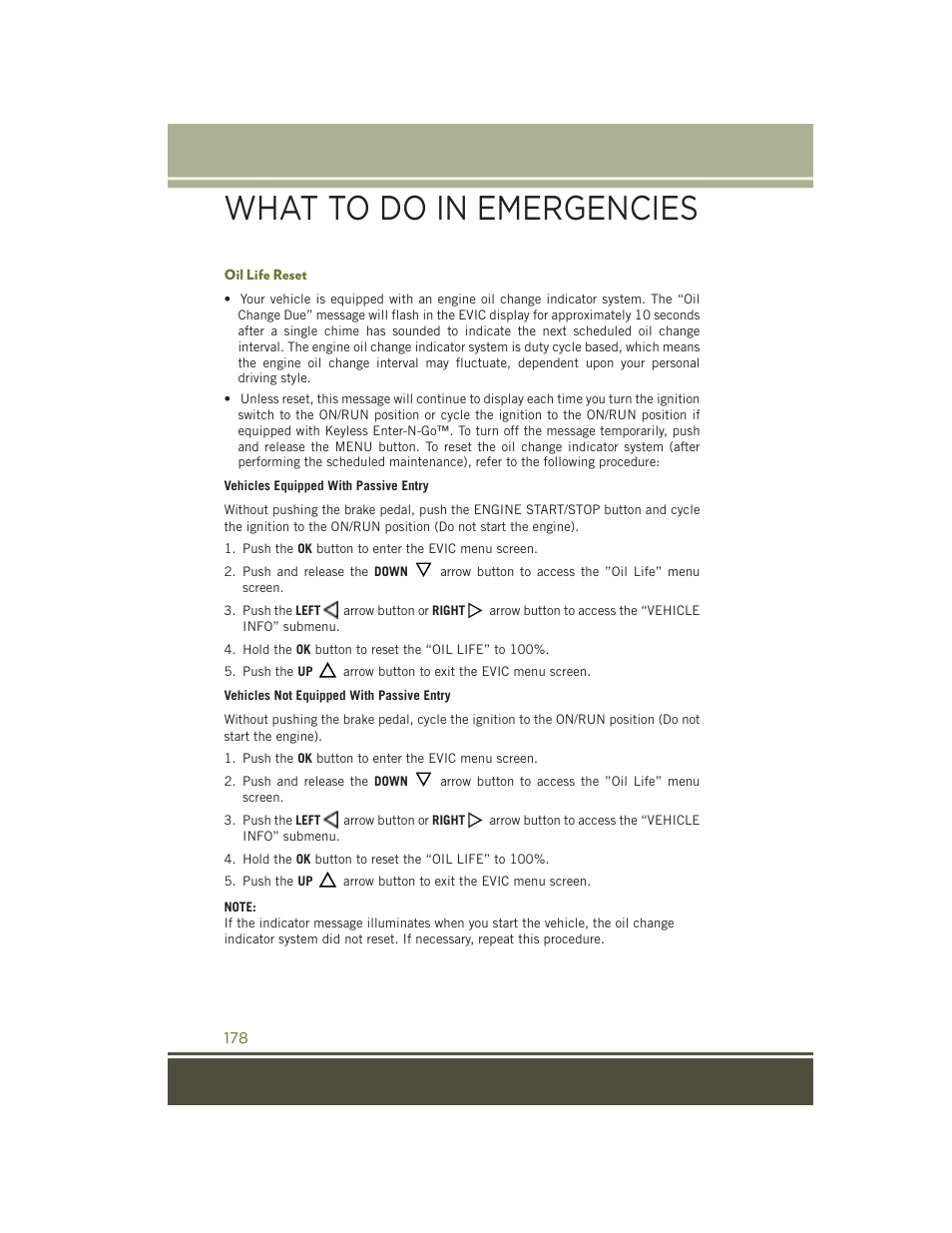 Oil life reset, What to do in emergencies | Jeep 2015 Cherokee - User Guide User Manual | Page 180 / 244