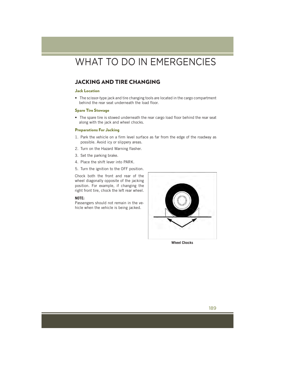 Jacking and tire changing, Jack location, Spare tire stowage | Preparations for jacking, What to do in emergencies | Jeep 2015 Cherokee - User Guide User Manual | Page 191 / 244