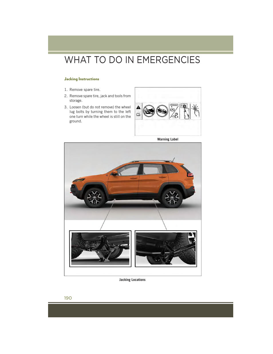 Jacking instructions, What to do in emergencies | Jeep 2015 Cherokee - User Guide User Manual | Page 192 / 244