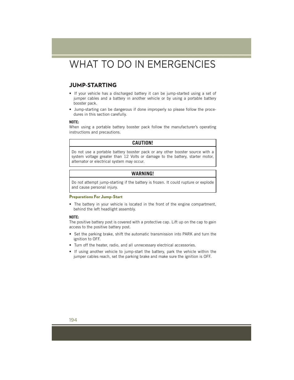 Jump-starting, Preparations for jump-start, What to do in emergencies | Jeep 2015 Cherokee - User Guide User Manual | Page 196 / 244