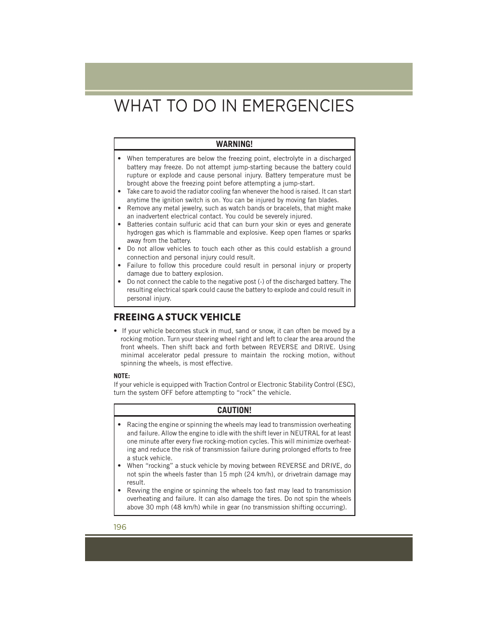 Freeing a stuck vehicle, What to do in emergencies | Jeep 2015 Cherokee - User Guide User Manual | Page 198 / 244