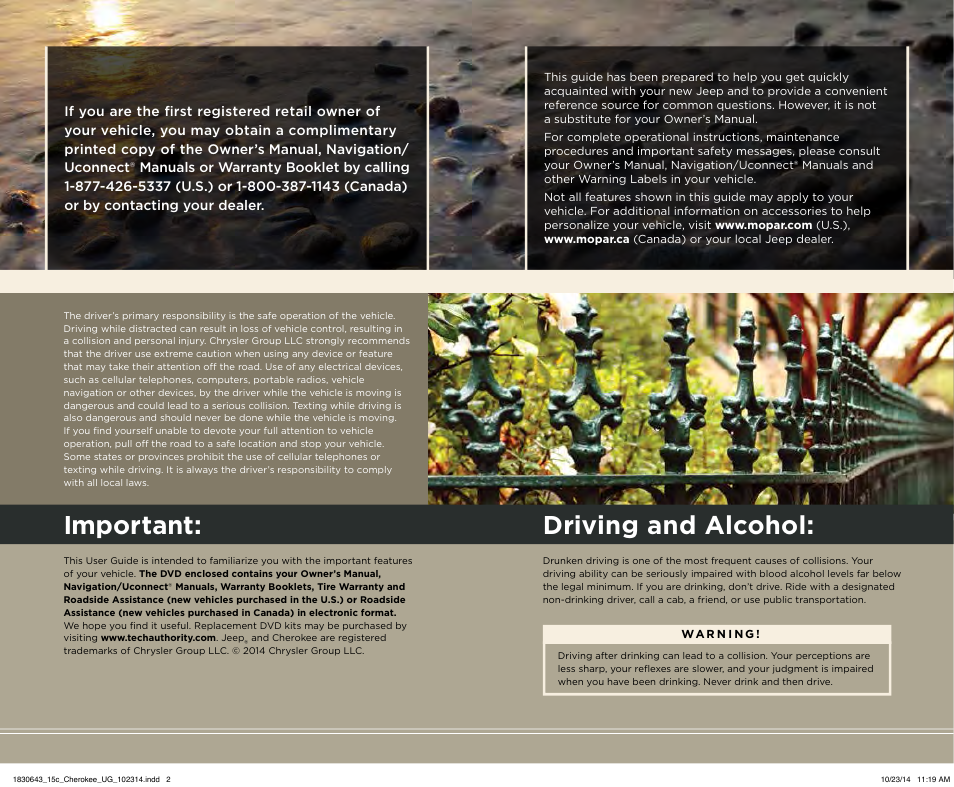 Important, Driving and alcohol | Jeep 2015 Cherokee - User Guide User Manual | Page 2 / 244
