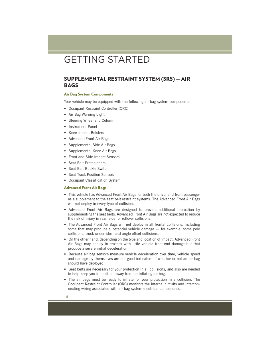 Supplemental restraint system (srs) — air bags, Air bag system components, Advanced front air bags | Supplemental restraint system, Srs) — air bags, Getting started | Jeep 2015 Cherokee - User Guide User Manual | Page 20 / 244