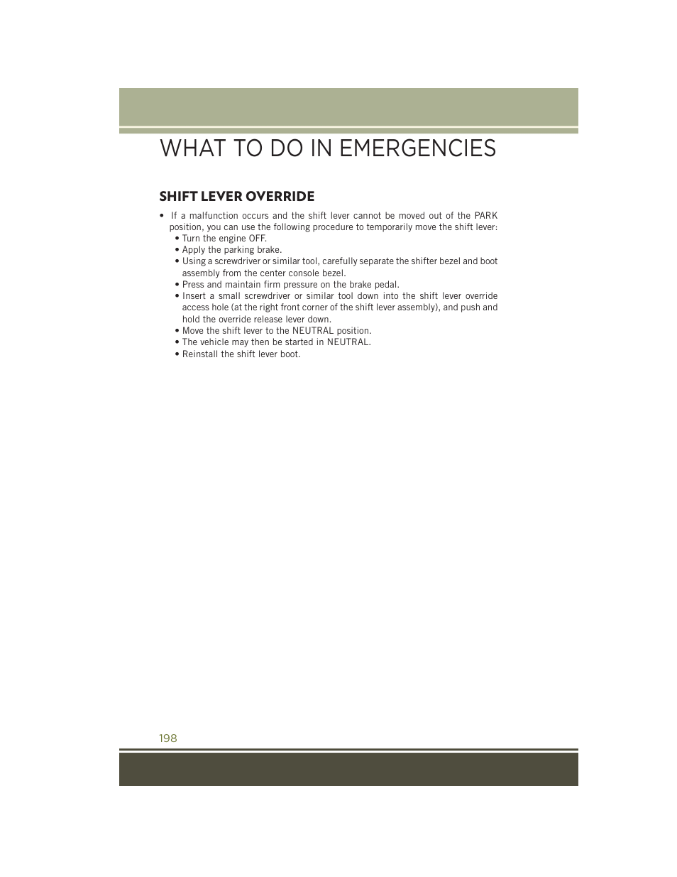 Shift lever override, What to do in emergencies | Jeep 2015 Cherokee - User Guide User Manual | Page 200 / 244