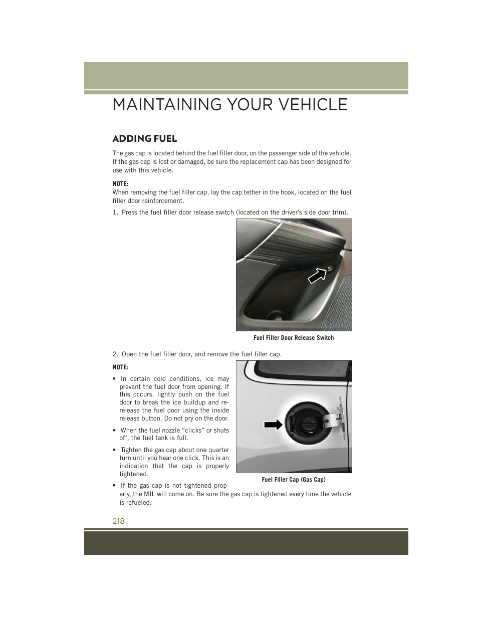 Adding fuel, Maintaining your vehicle | Jeep 2015 Cherokee - User Guide User Manual | Page 220 / 244