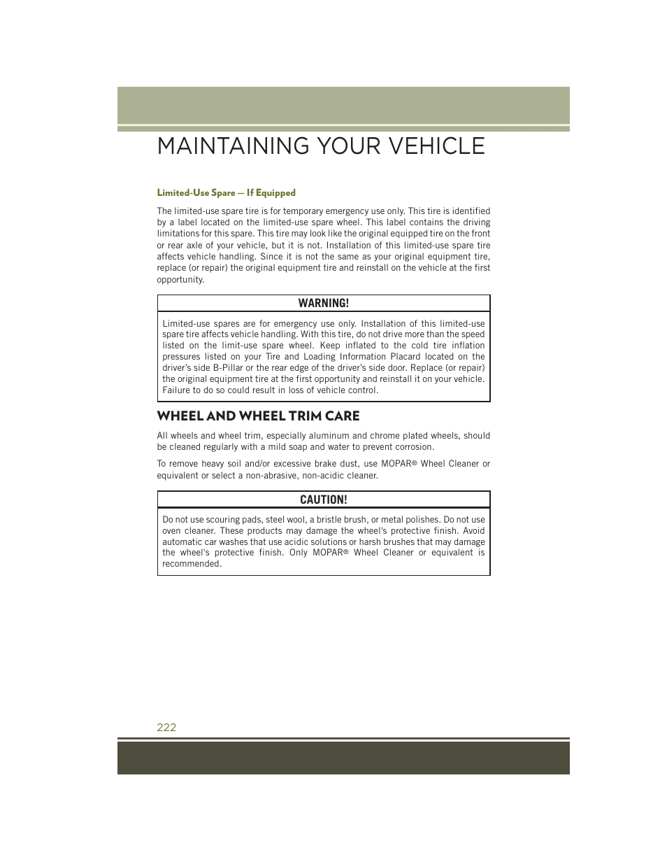 Limited-use spare — if equipped, Wheel and wheel trim care, Maintaining your vehicle | Jeep 2015 Cherokee - User Guide User Manual | Page 224 / 244