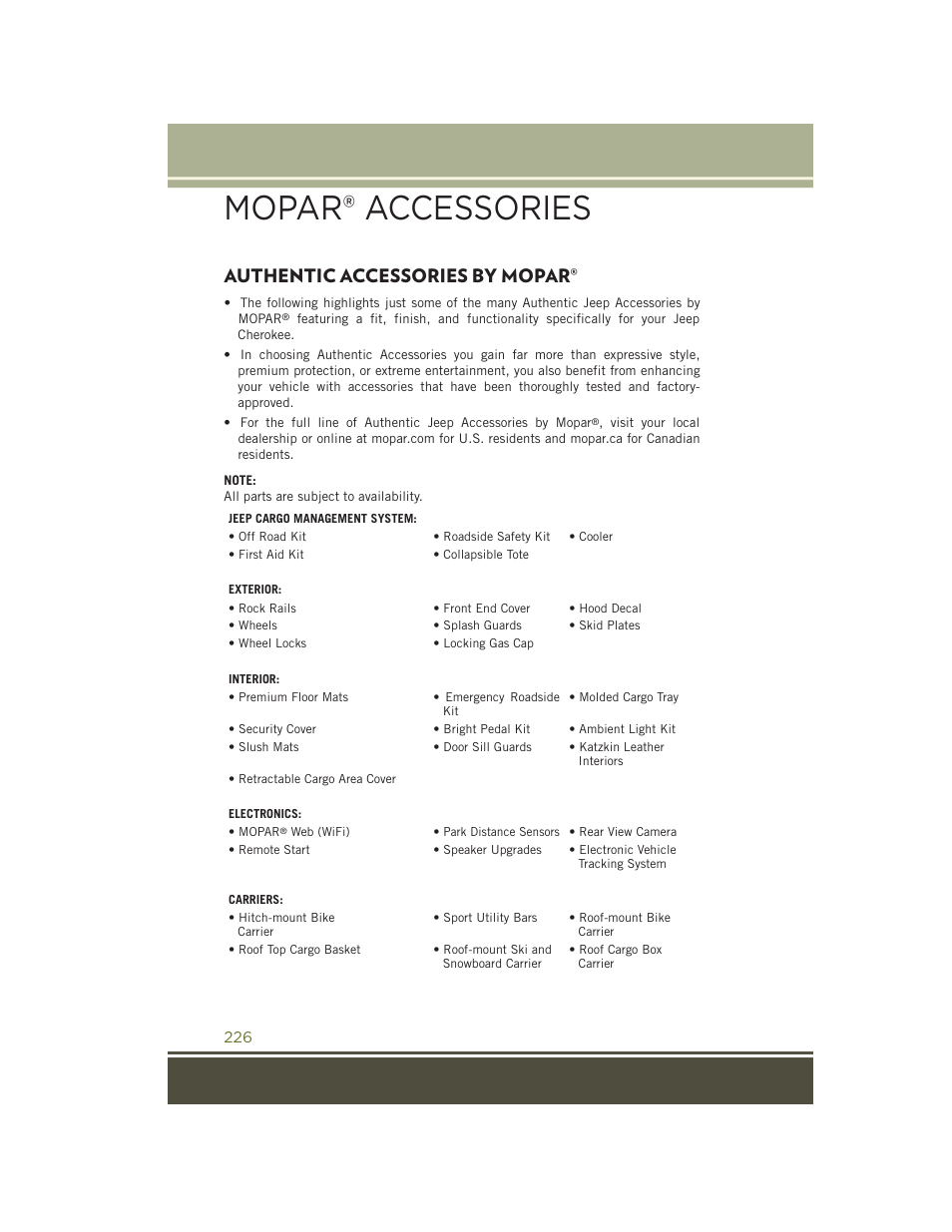 Mopar® accessories, Authentic accessories by mopar, Authentic accessories by | Mopar | Jeep 2015 Cherokee - User Guide User Manual | Page 228 / 244