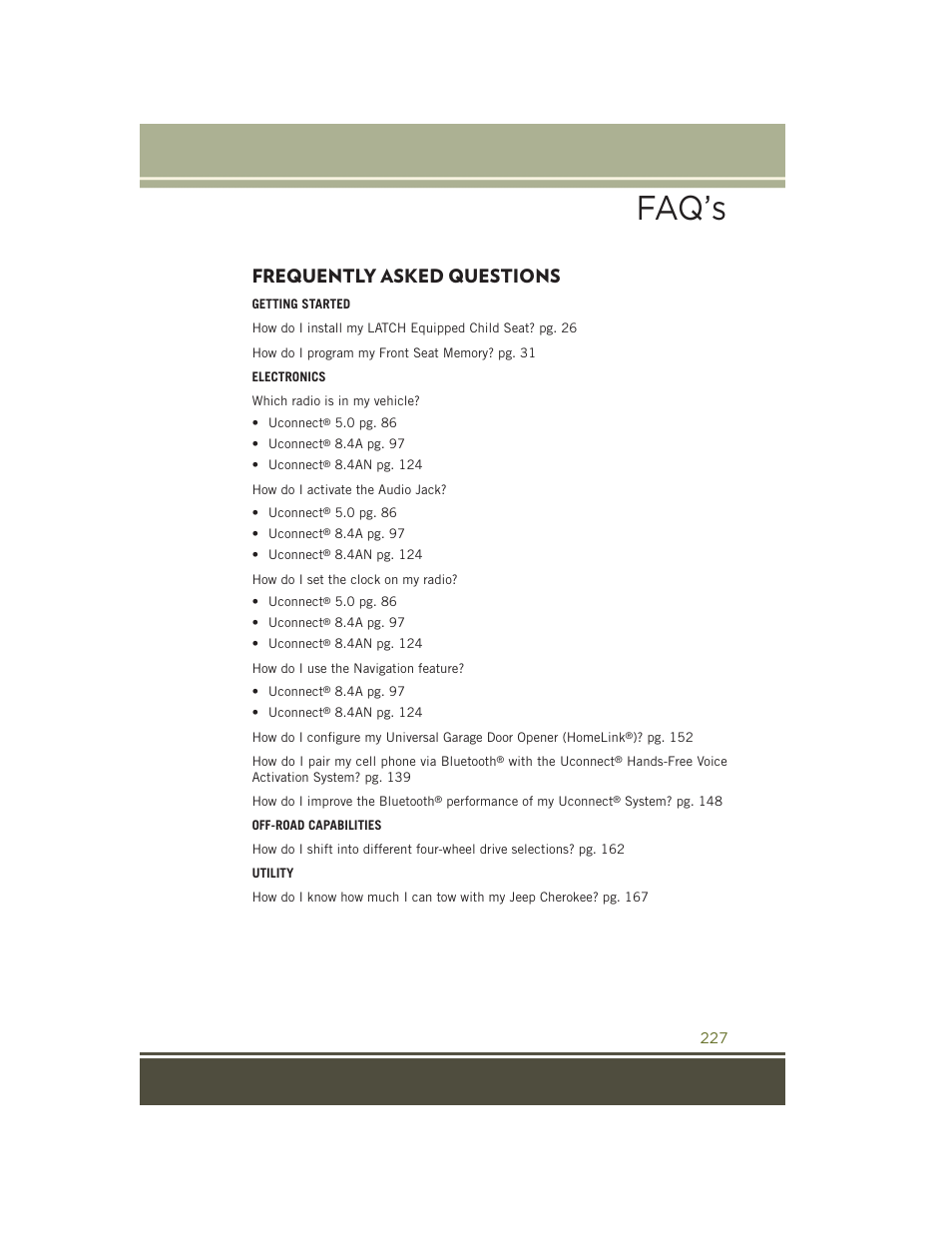 Frequently asked questions, Faq’s | Jeep 2015 Cherokee - User Guide User Manual | Page 229 / 244