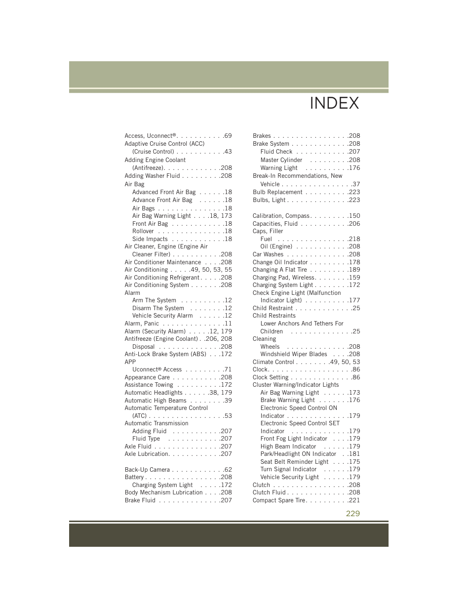 Index | Jeep 2015 Cherokee - User Guide User Manual | Page 231 / 244