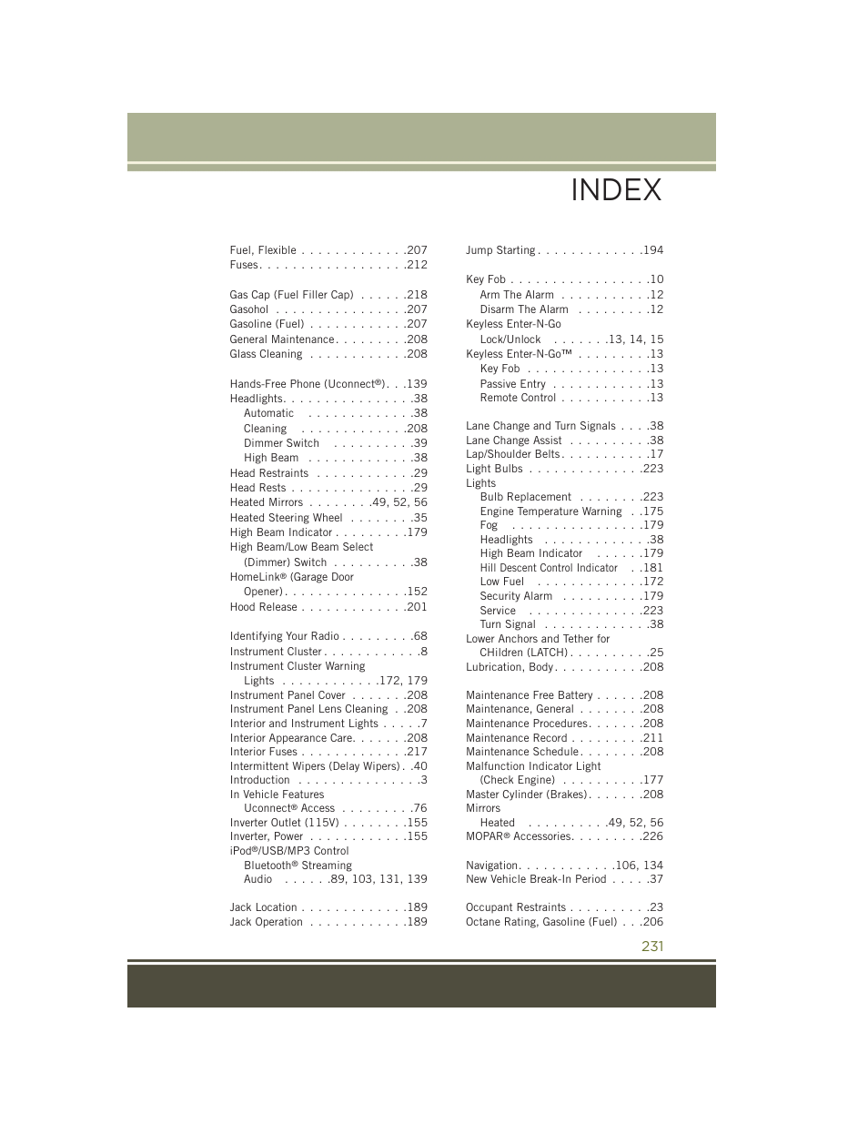 Index | Jeep 2015 Cherokee - User Guide User Manual | Page 233 / 244