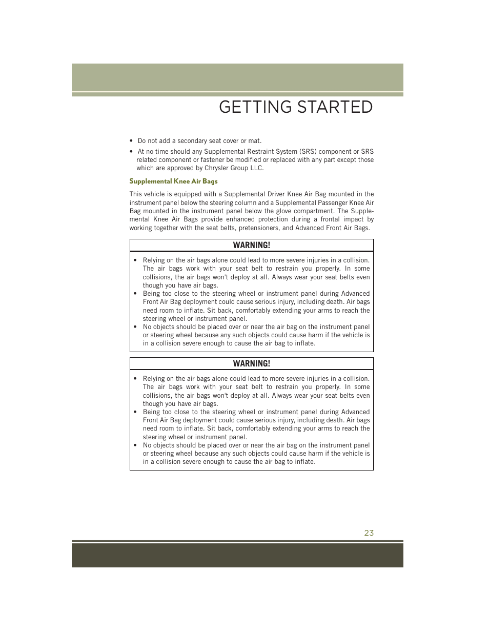 Supplemental knee air bags, Getting started | Jeep 2015 Cherokee - User Guide User Manual | Page 25 / 244