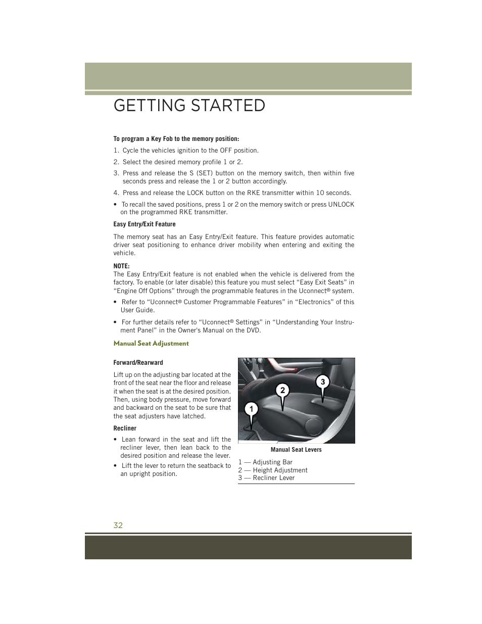 Manual seat adjustment, Getting started | Jeep 2015 Cherokee - User Guide User Manual | Page 34 / 244