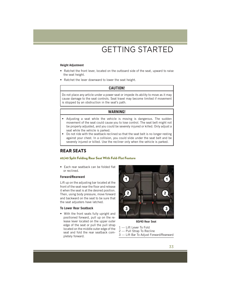 Rear seats, Getting started | Jeep 2015 Cherokee - User Guide User Manual | Page 35 / 244