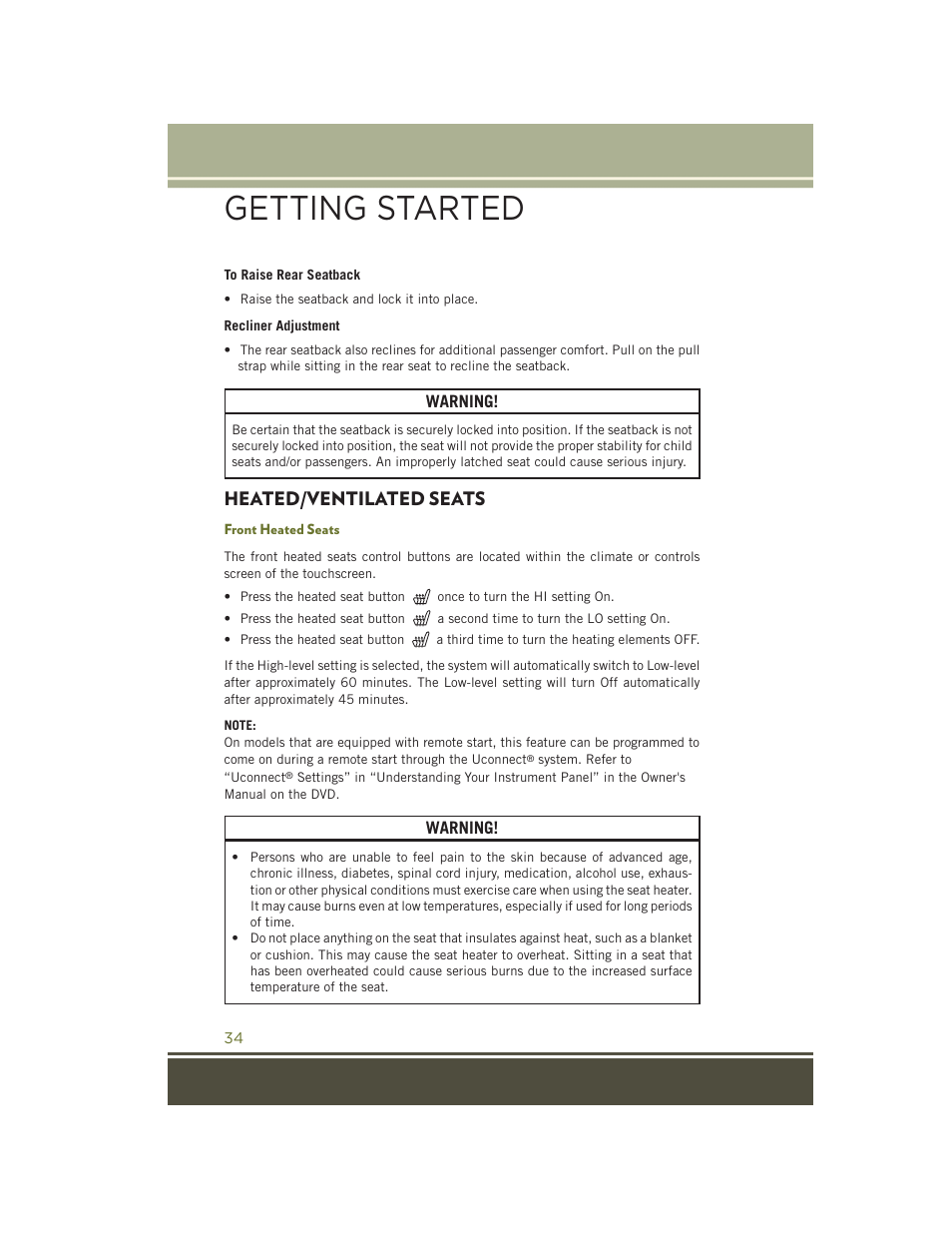 Heated/ventilated seats, Front heated seats, Getting started | Jeep 2015 Cherokee - User Guide User Manual | Page 36 / 244