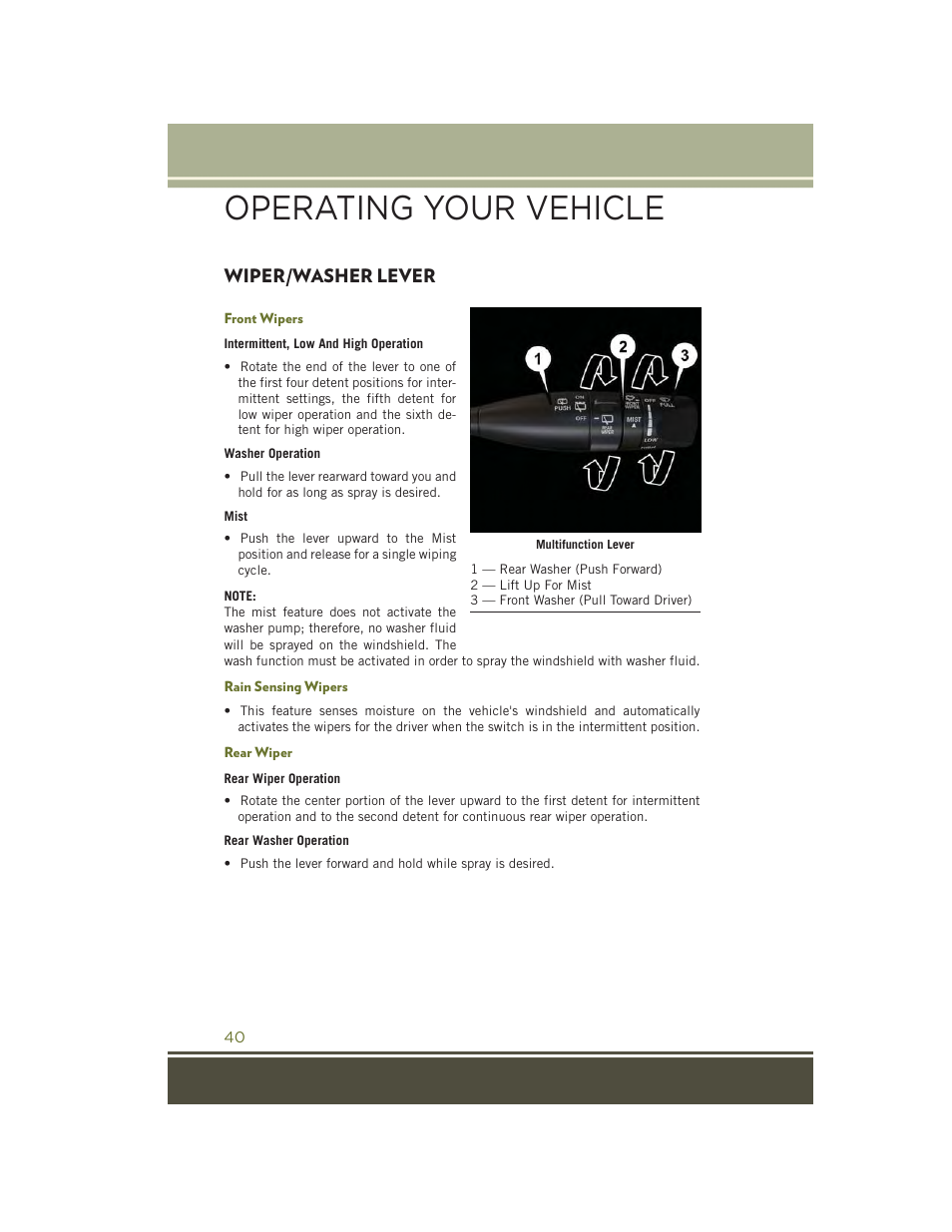 Wiper/washer lever, Front wipers, Rain sensing wipers | Rear wiper, Operating your vehicle | Jeep 2015 Cherokee - User Guide User Manual | Page 42 / 244