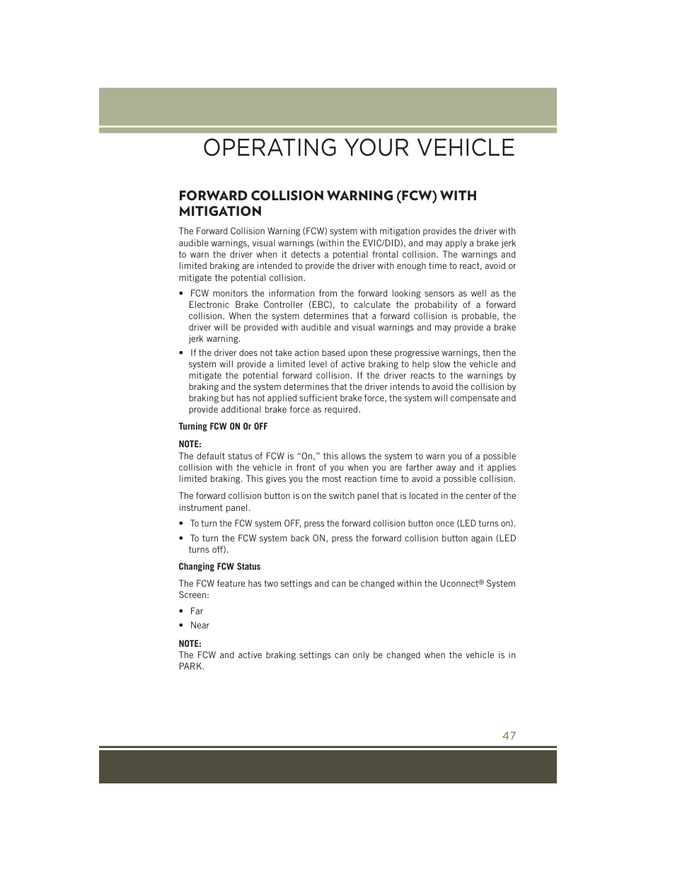 Forward collision warning (fcw) with mitigation, Forward collision warning (fcw), With mitigation | Operating your vehicle | Jeep 2015 Cherokee - User Guide User Manual | Page 49 / 244