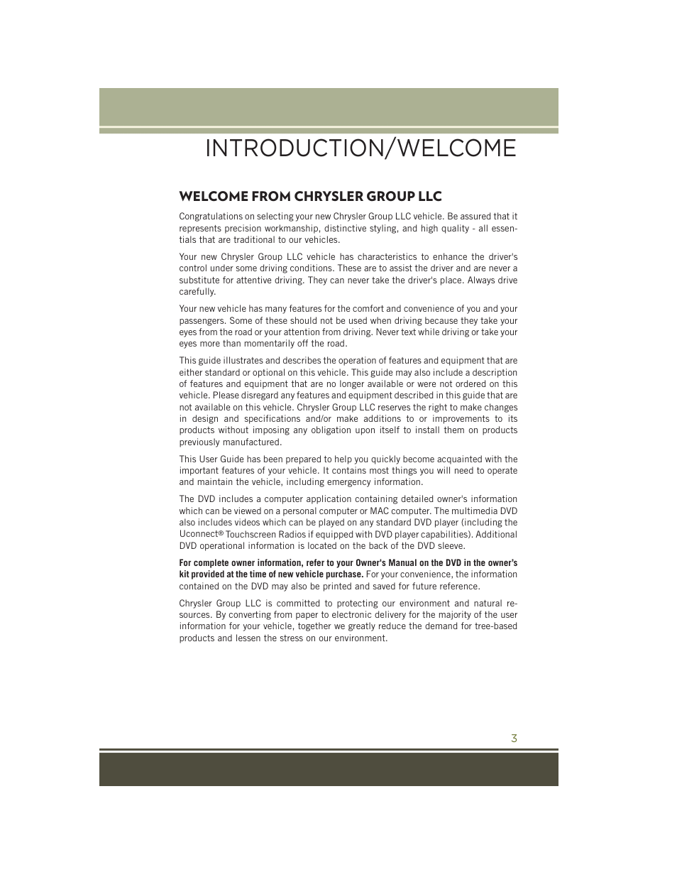 Introduction/ welcome, Welcome from chrysler group llc, Introduction/welcome | Welcome from chrysler, Group llc | Jeep 2015 Cherokee - User Guide User Manual | Page 5 / 244