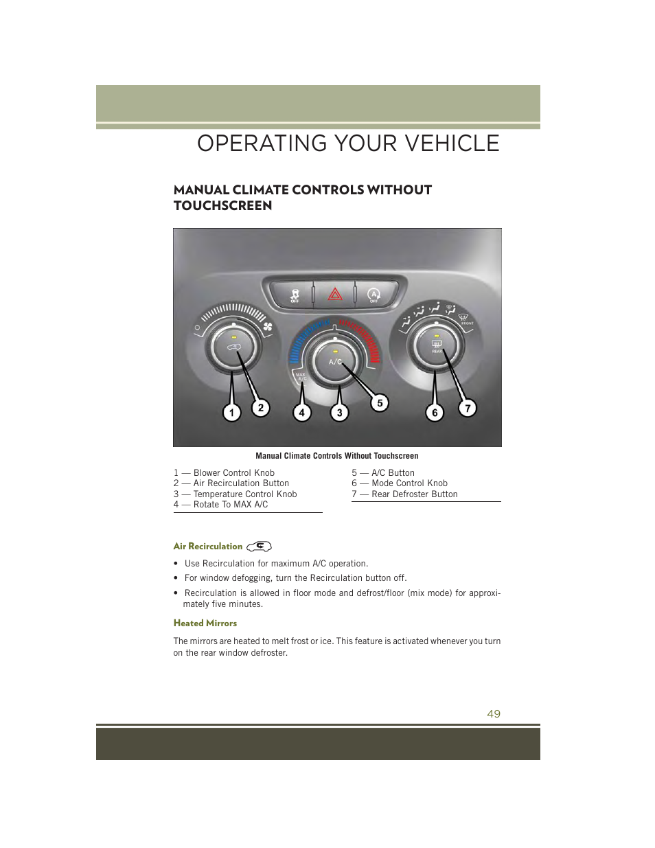 Manual climate controls without touchscreen, Air recirculation, Heated mirrors | Manual climate controls without, Touchscreen, Operating your vehicle | Jeep 2015 Cherokee - User Guide User Manual | Page 51 / 244