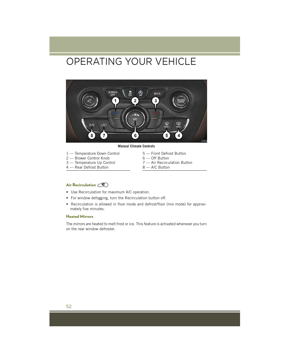 Air recirculation, Heated mirrors, Operating your vehicle | Jeep 2015 Cherokee - User Guide User Manual | Page 54 / 244