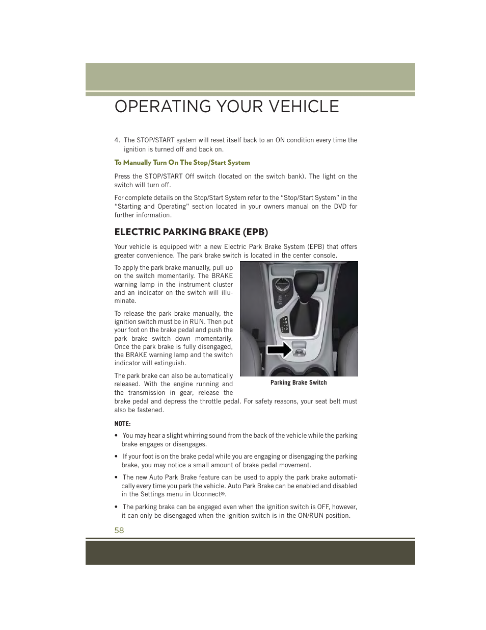 To manually turn on the stop/start system, Electric parking brake (epb), Operating your vehicle | Jeep 2015 Cherokee - User Guide User Manual | Page 60 / 244