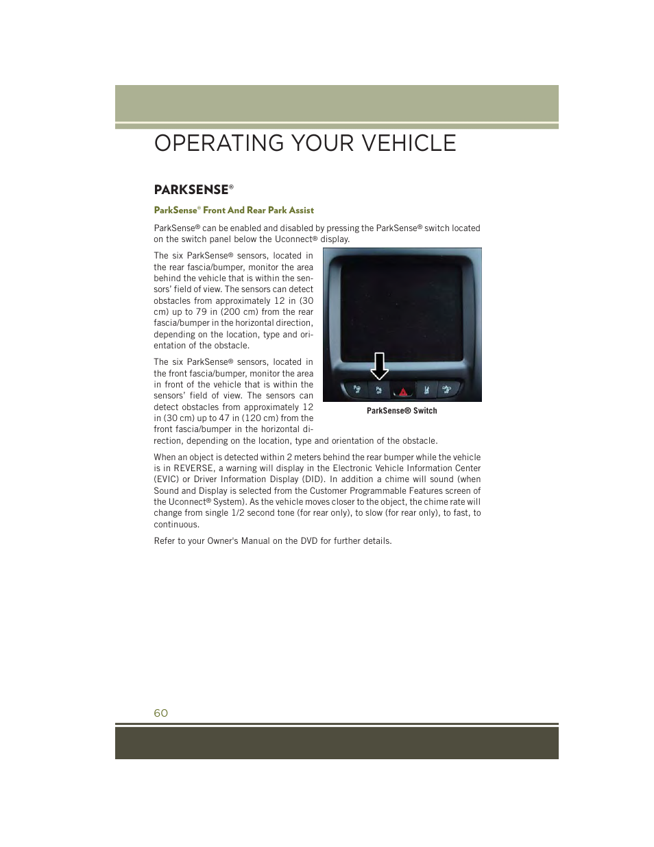 Parksense, Parksense® front and rear park assist, Operating your vehicle | Jeep 2015 Cherokee - User Guide User Manual | Page 62 / 244