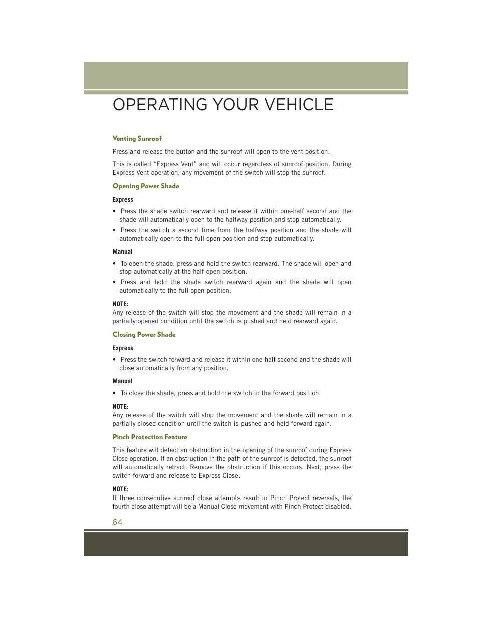 Venting sunroof, Opening power shade, Closing power shade | Pinch protection feature, Operating your vehicle | Jeep 2015 Cherokee - User Guide User Manual | Page 66 / 244