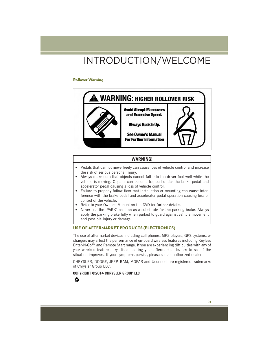 Rollover warning, Use of aftermarket products (electronics), Introduction/welcome | Jeep 2015 Cherokee - User Guide User Manual | Page 7 / 244