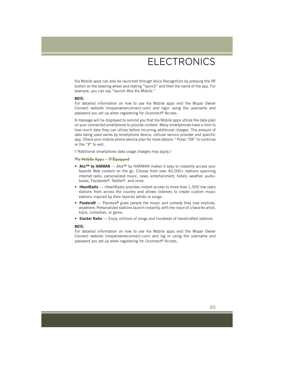 Via mobile apps — if equipped, Electronics | Jeep 2015 Cherokee - User Guide User Manual | Page 87 / 244