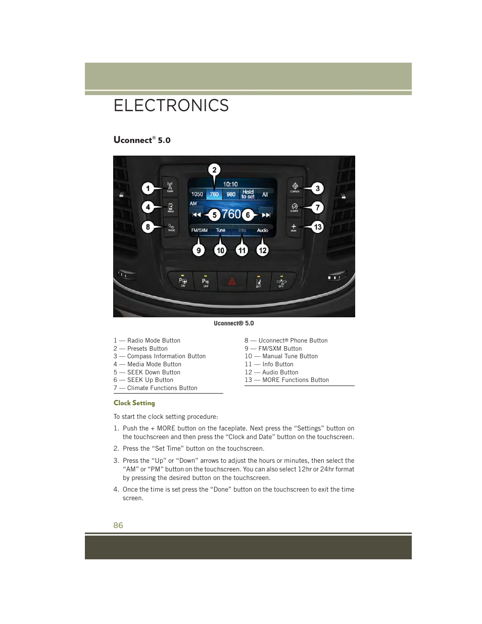 Uconnect® 5.0, Clock setting, Uconnect | Electronics | Jeep 2015 Cherokee - User Guide User Manual | Page 88 / 244