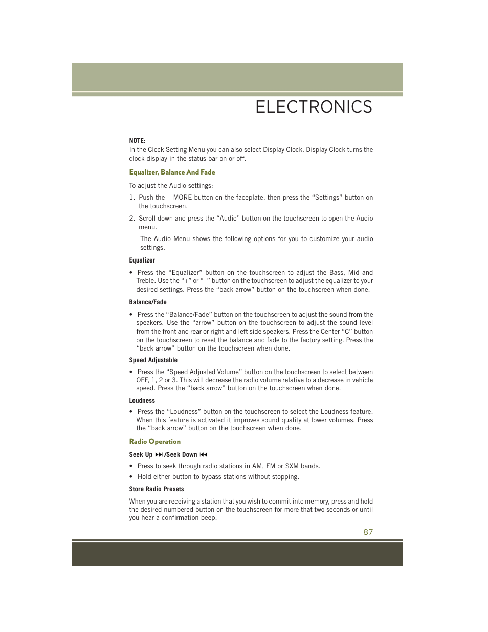 Equalizer, balance and fade, Radio operation, Electronics | Jeep 2015 Cherokee - User Guide User Manual | Page 89 / 244
