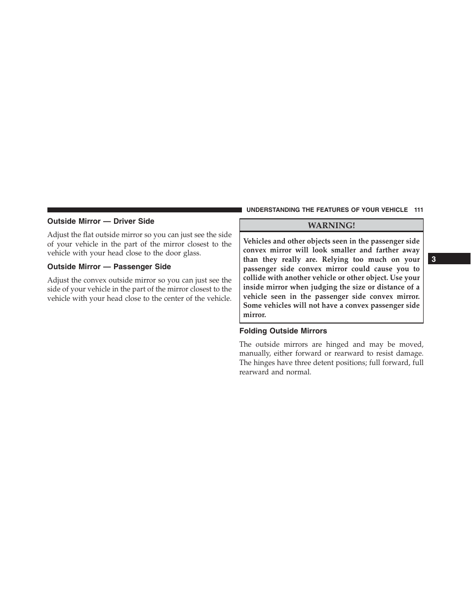 Outside mirror — driver side, Outside mirror — passenger side, Folding outside mirrors | Jeep 2015 Compass - Owner Manual User Manual | Page 113 / 572