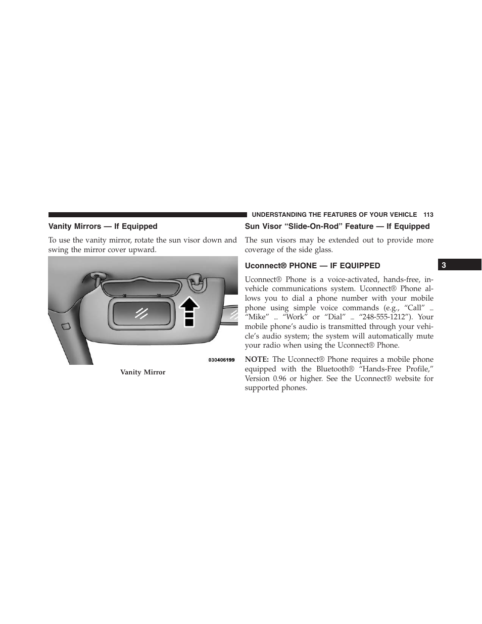 Vanity mirrors — if equipped, Sun visor “slide-on-rod” feature — if equipped, Uconnect® phone — if equipped | Sun visor “slide-on-rod” feature — if, Equipped | Jeep 2015 Compass - Owner Manual User Manual | Page 115 / 572