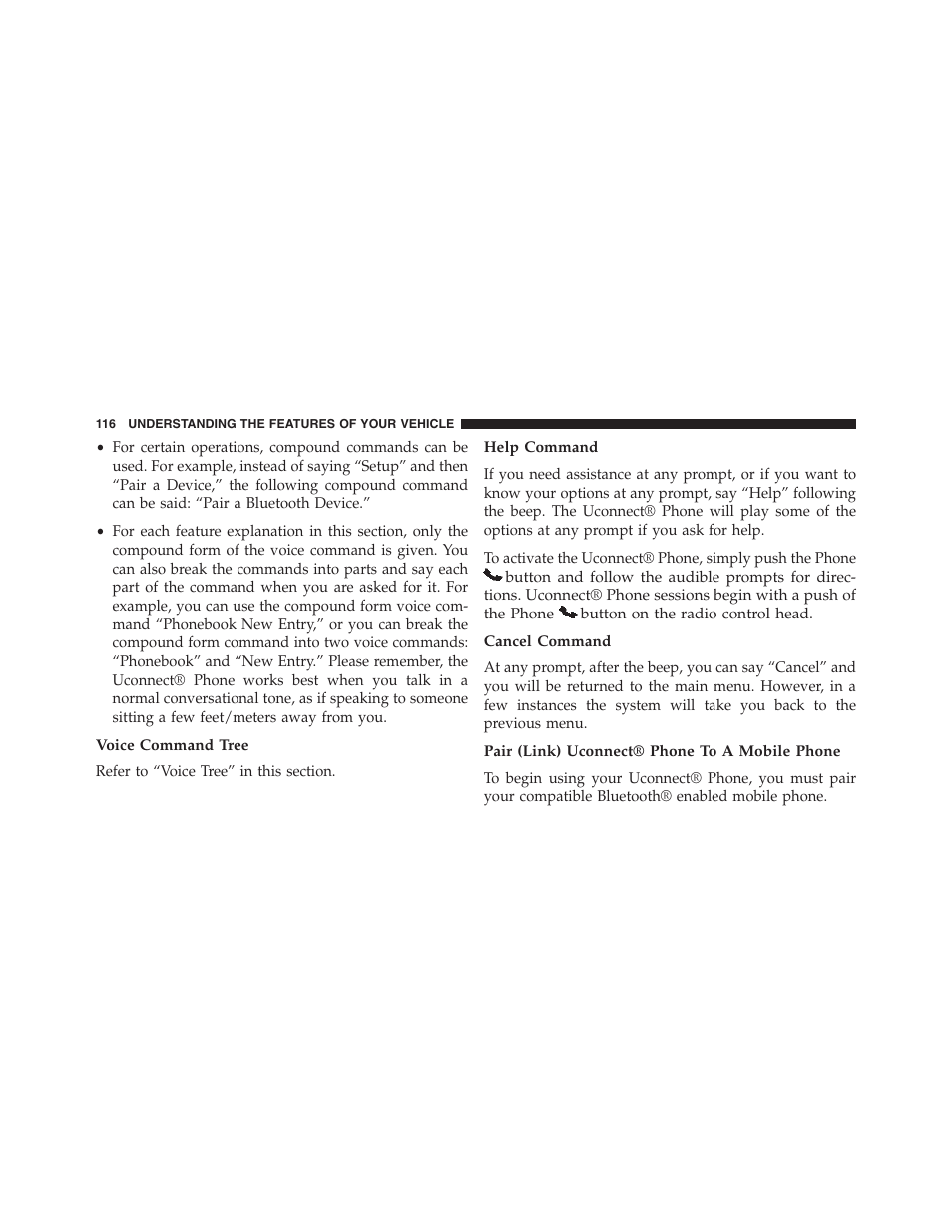 Voice command tree, Help command, Cancel command | Pair (link) uconnect® phone to a mobile phone | Jeep 2015 Compass - Owner Manual User Manual | Page 118 / 572